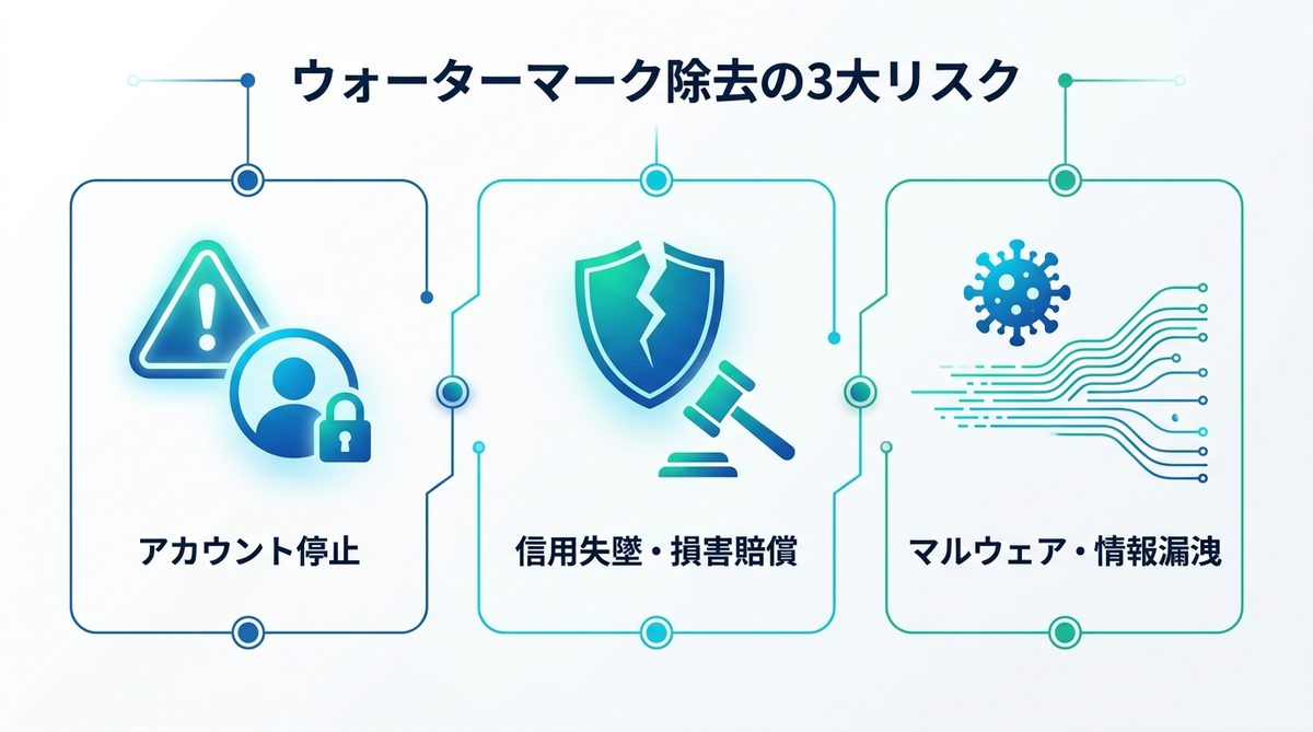 図解：ウォーターマーク除去が招くビジネス上の重大リスク3選