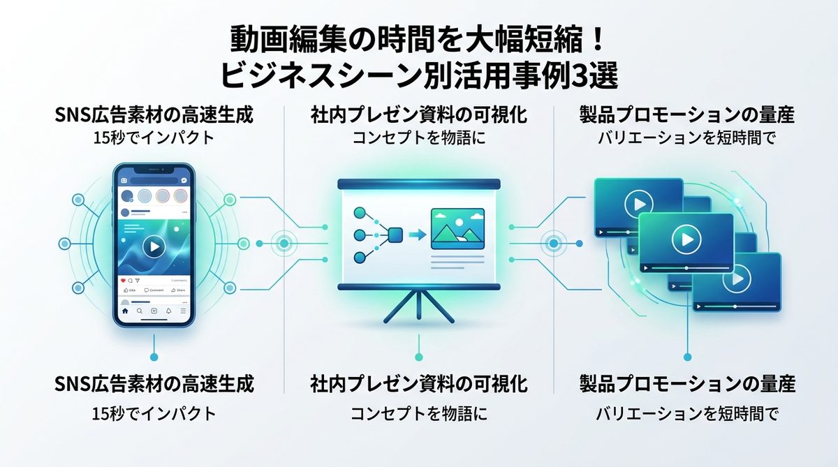 図解：動画編集の時間を大幅短縮！ビジネスシーン別活用事例3選