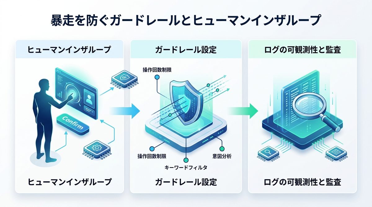 図解：【新規追加】暴走を防ぐガードレールとヒューマンインザループの仕組み