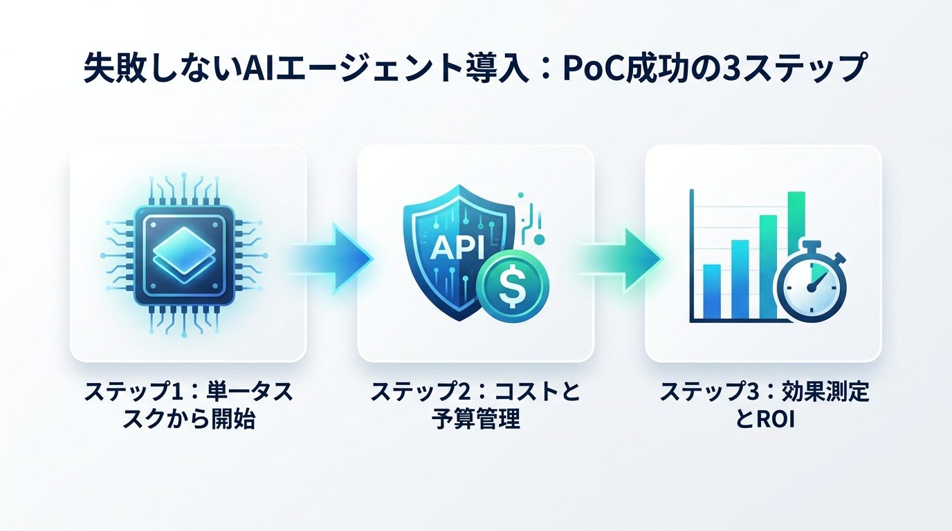 図解：失敗しないAIエージェント導入｜小規模PoCを成功させる3つのステップ