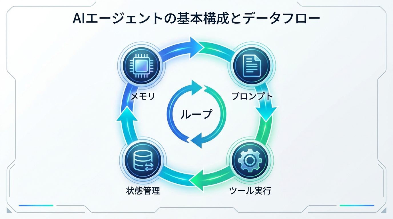 図解：AIエージェント実装の基本構成とデータフロー図解