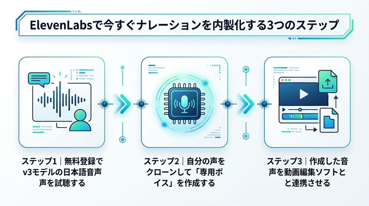図解：ElevenLabsで今すぐナレーションを内製化する3つのステップ