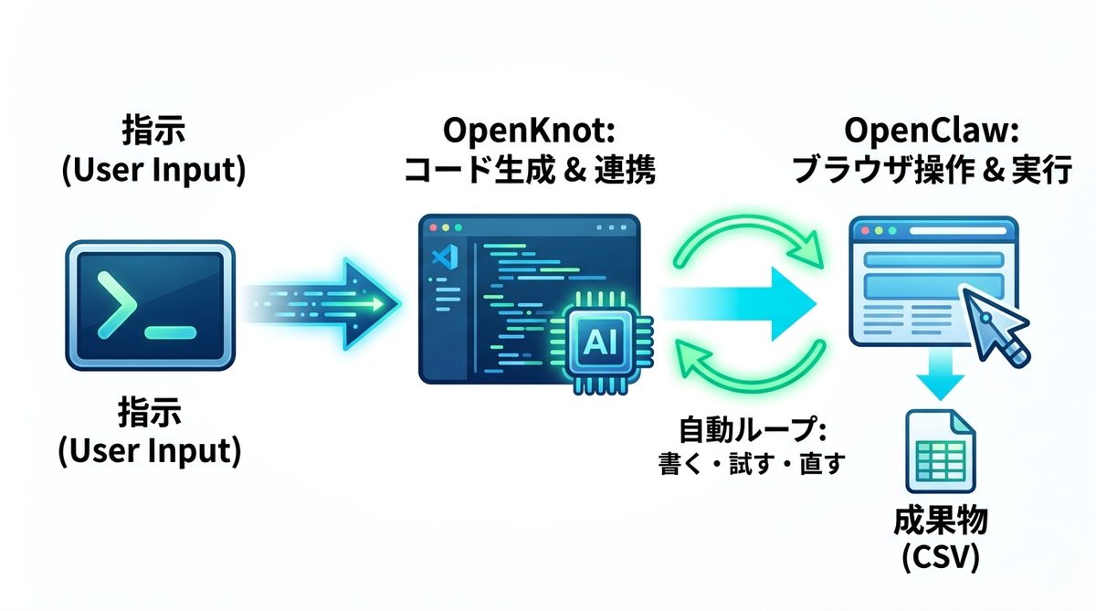 図解：【応用】VS Code（OpenKnot）連携で広がる自動化の可能性
