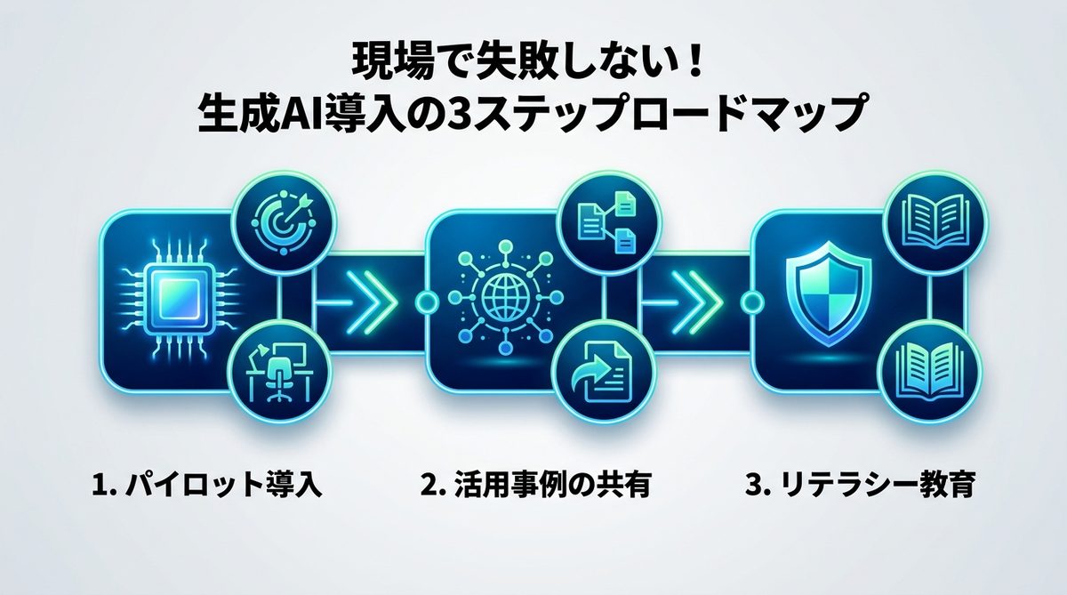 図解：現場で失敗しない！生成AI導入の3ステップロードマップ