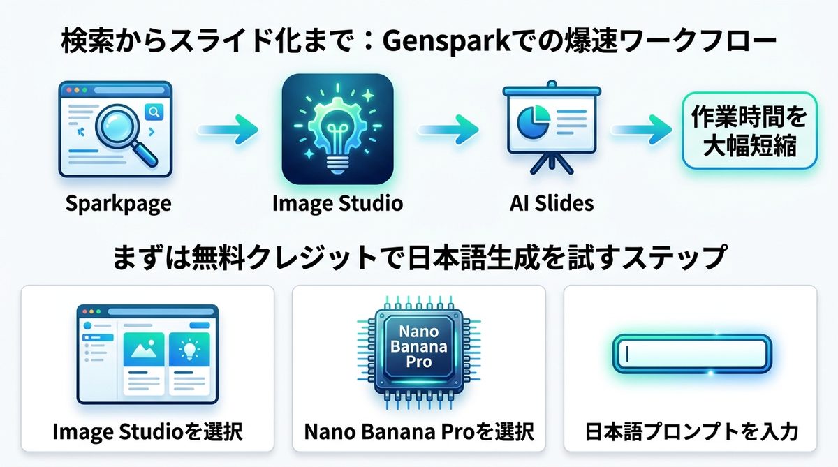 図解：検索からスライド化まで：Gensparkでの爆速ワークフロー