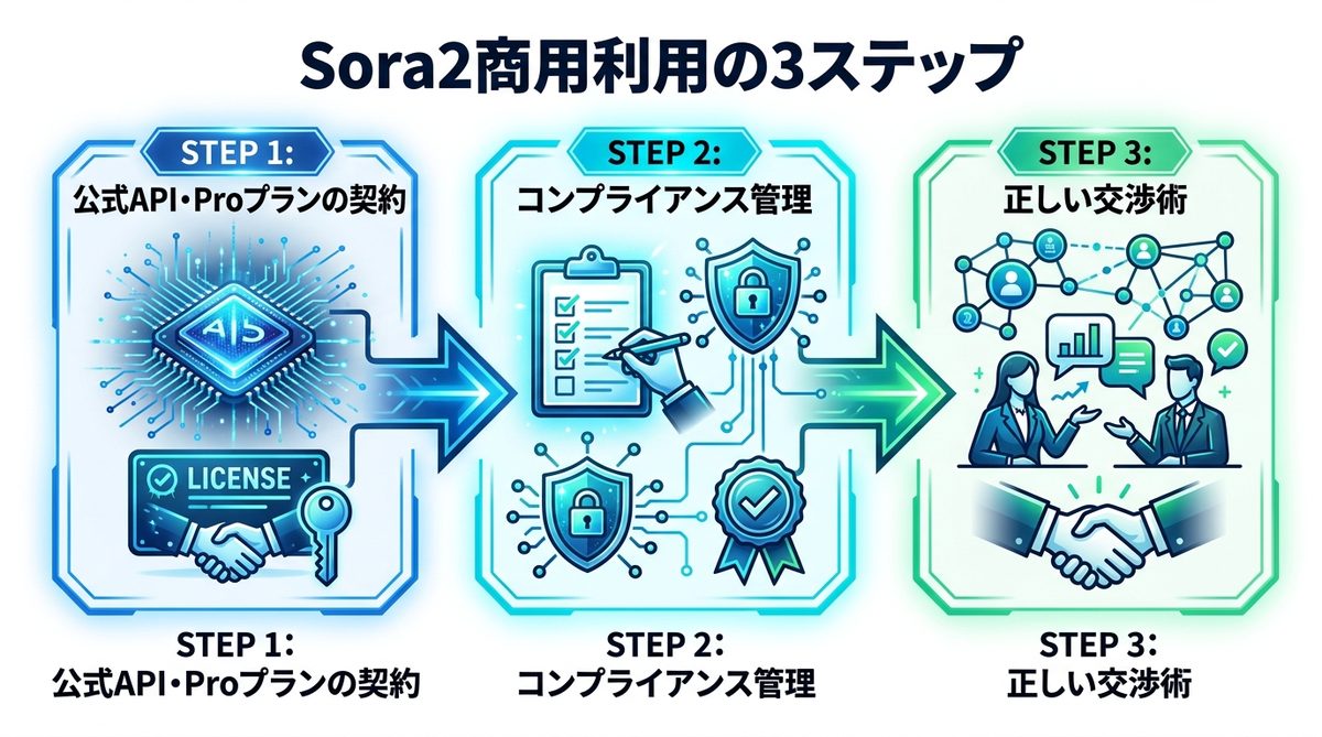 図解：【完全ガイド】安全かつ合法的にSora2を商用利用する3ステップ