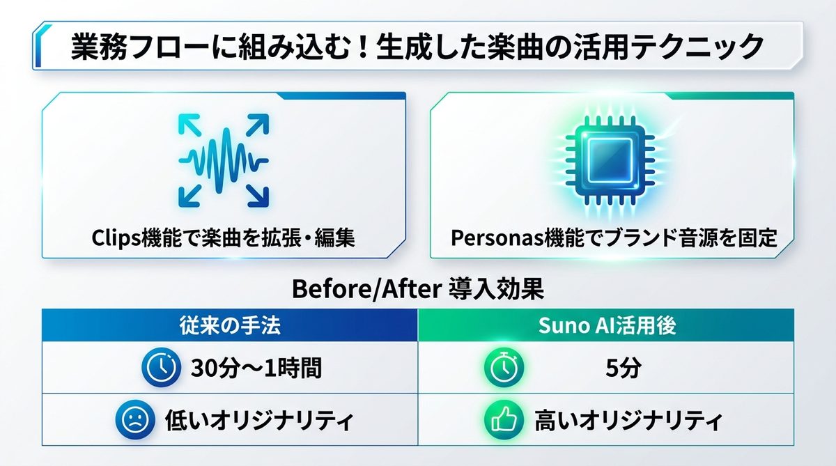 図解:業務フローに組み込む!生成した楽曲の活用テクニック