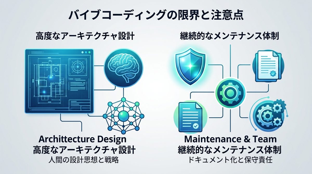 図解：【運用の注意点】バイブコーディングは万能ではない：TPOと限界の見極め