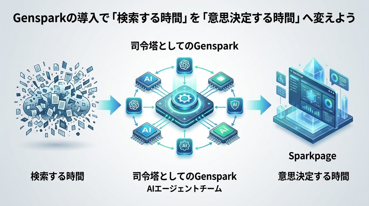 図解：Gensparkの導入で「検索する時間」を「意思決定する時間」へ変えよう