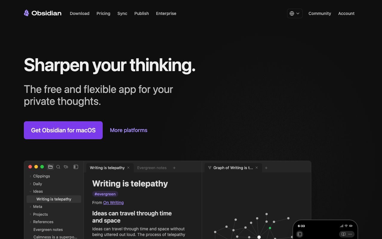 Obsidianの公式サイトトップページ