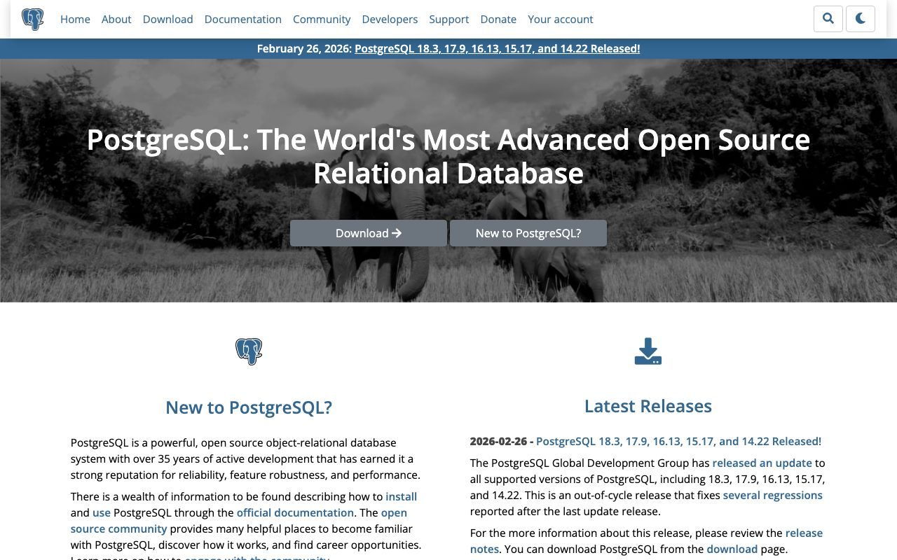 PostgreSQLの公式サイトトップページ
