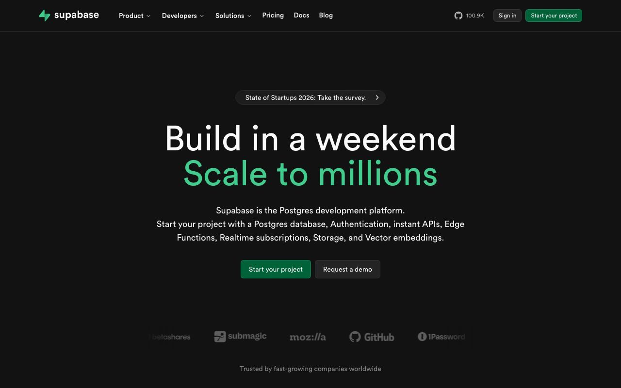 Supabaseの公式サイトトップページ