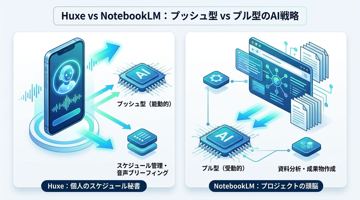 図解：HuxeとNotebookLMは何が違うのか？プッシュ型 vs プル型のAI戦略
