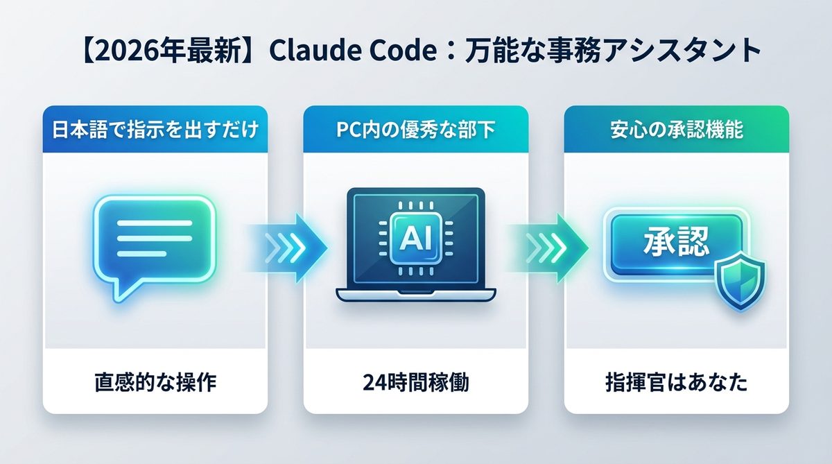 図解：【2026年最新】Claude Codeは「AIエンジニア」ではなく「万能な事務アシスタント」である