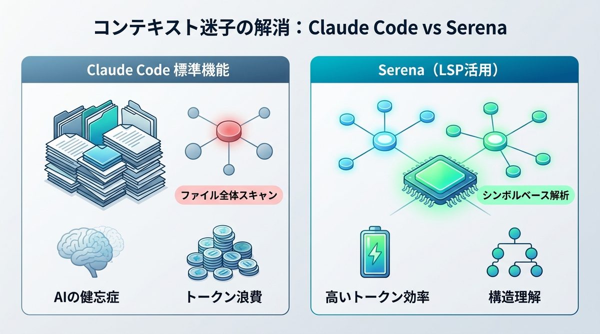 図解：【2026年最新】Claude Codeが抱える「コンテキスト迷子」とSerenaの技術的優位性