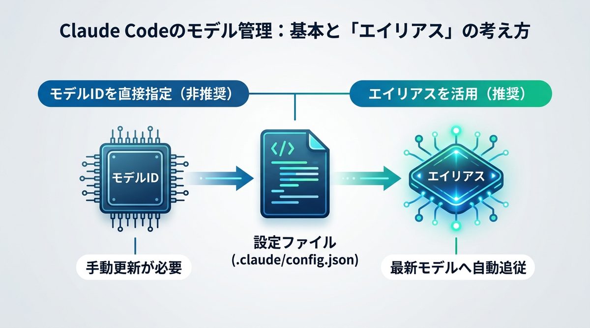 図解:【2026年最新】Claude Codeのモデル管理:基本と「エイリアス」の考え方