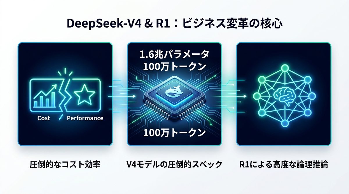 図解：【2026年最新】DeepSeek-V4と推論モデルR1がビジネスを変える理由
