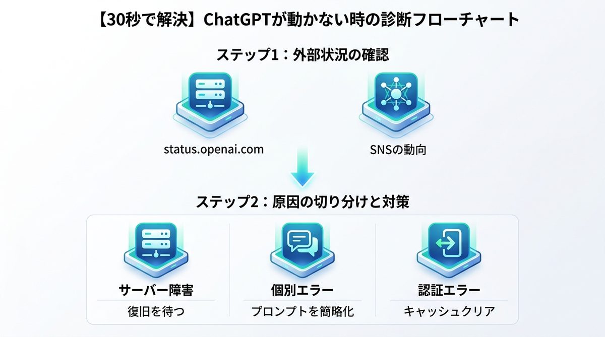 図解：【30秒で解決】ChatGPTが動かない時の診断フローチャート