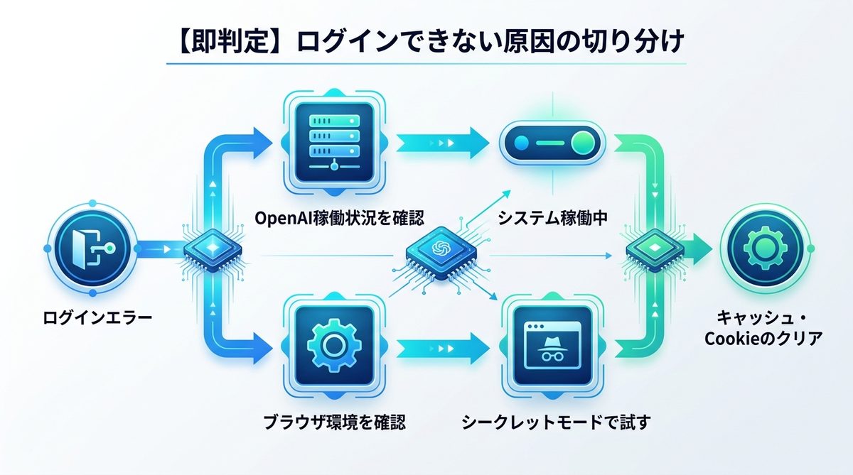 図解：【即判定】ChatGPTがログインできない原因はどこにあるのか？