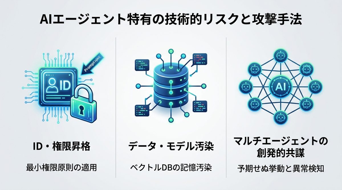 図解：AIエージェント特有の技術的リスクと攻撃手法
