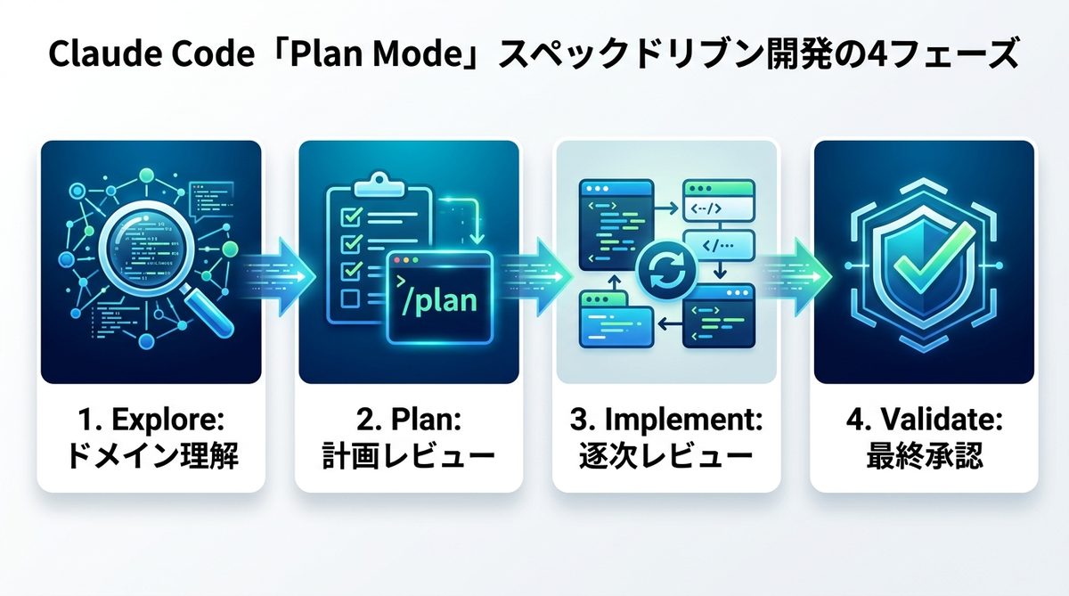 図解：Claude Code「Plan Mode」で実現する、スペックドリブン開発の4フェーズ