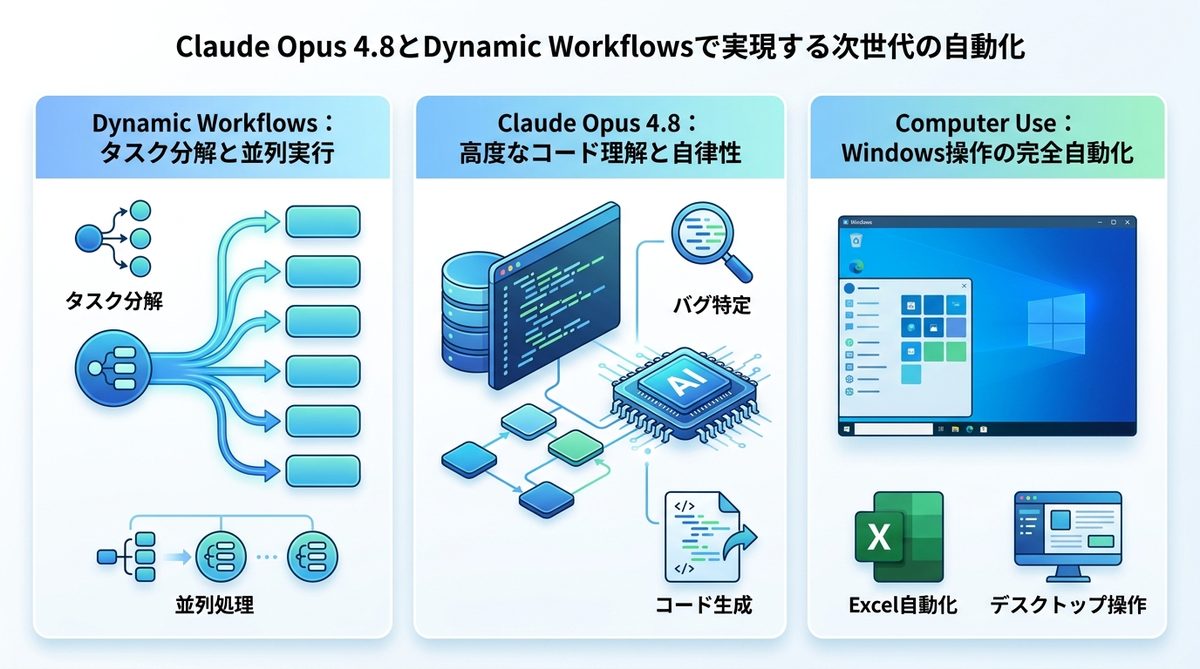 図解：Claude Opus 4.8とDynamic Workflowsで実現する次世代の自動化