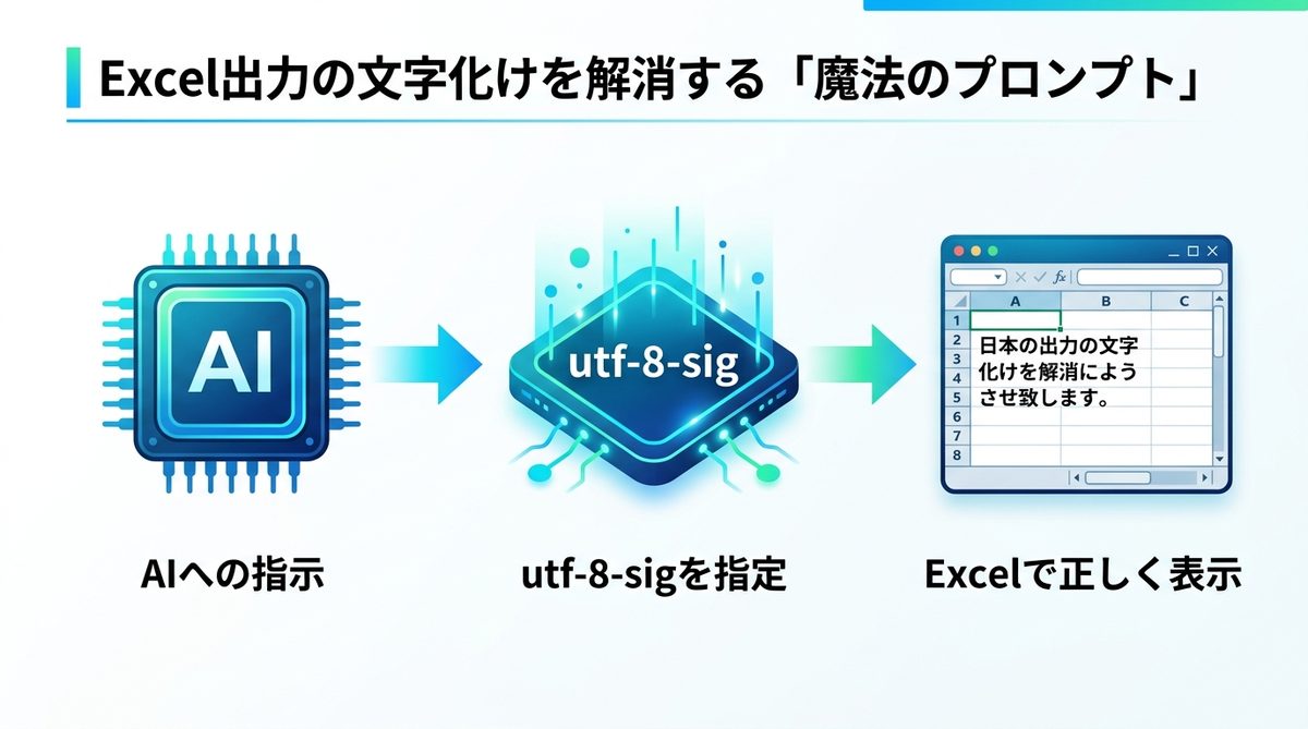 図解：Excel出力の文字化けを解消する「魔法のプロンプト」