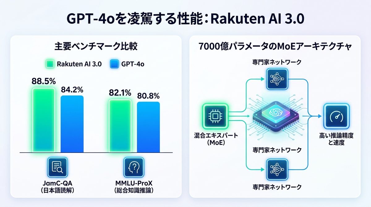 図解：GPT-4oを凌駕する性能｜主要ベンチマークで見るRakuten AI 3.0の実力