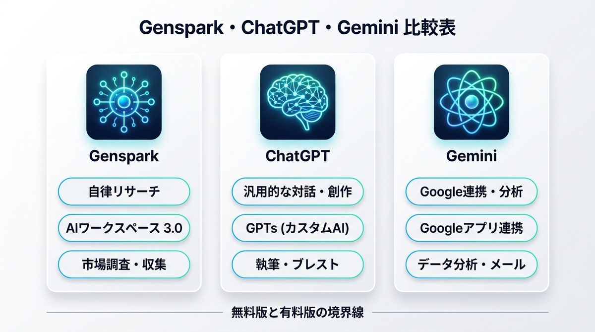 図解：Genspark・ChatGPT・Gemini 比較表｜強み・コスト・主な用途