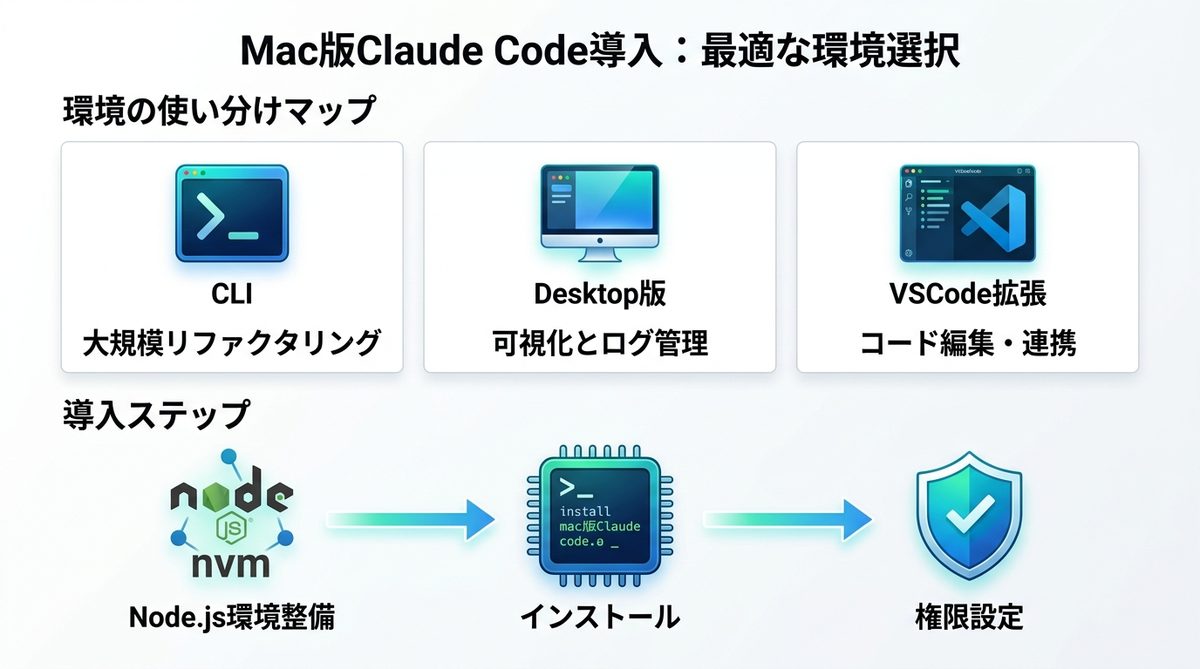 図解：Mac版Claude Code導入：CLIからVSCodeまで最適な環境選択
