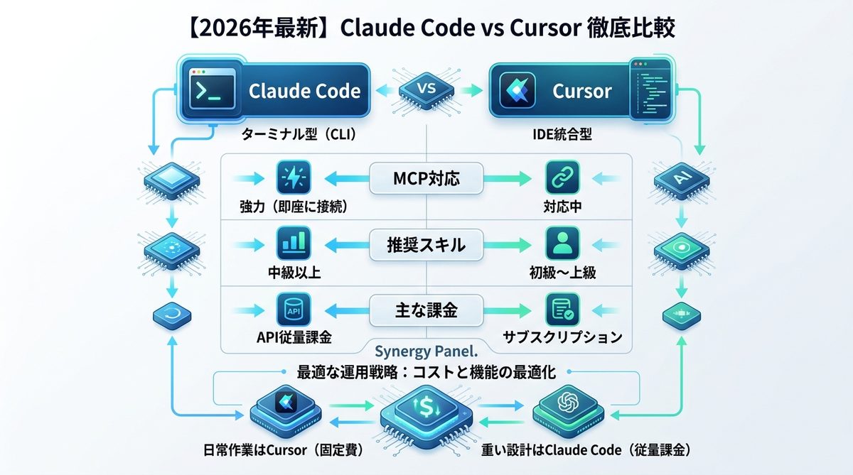 図解：【2026年最新】Claude Code vs Cursor｜機能・経済効率の徹底比較表