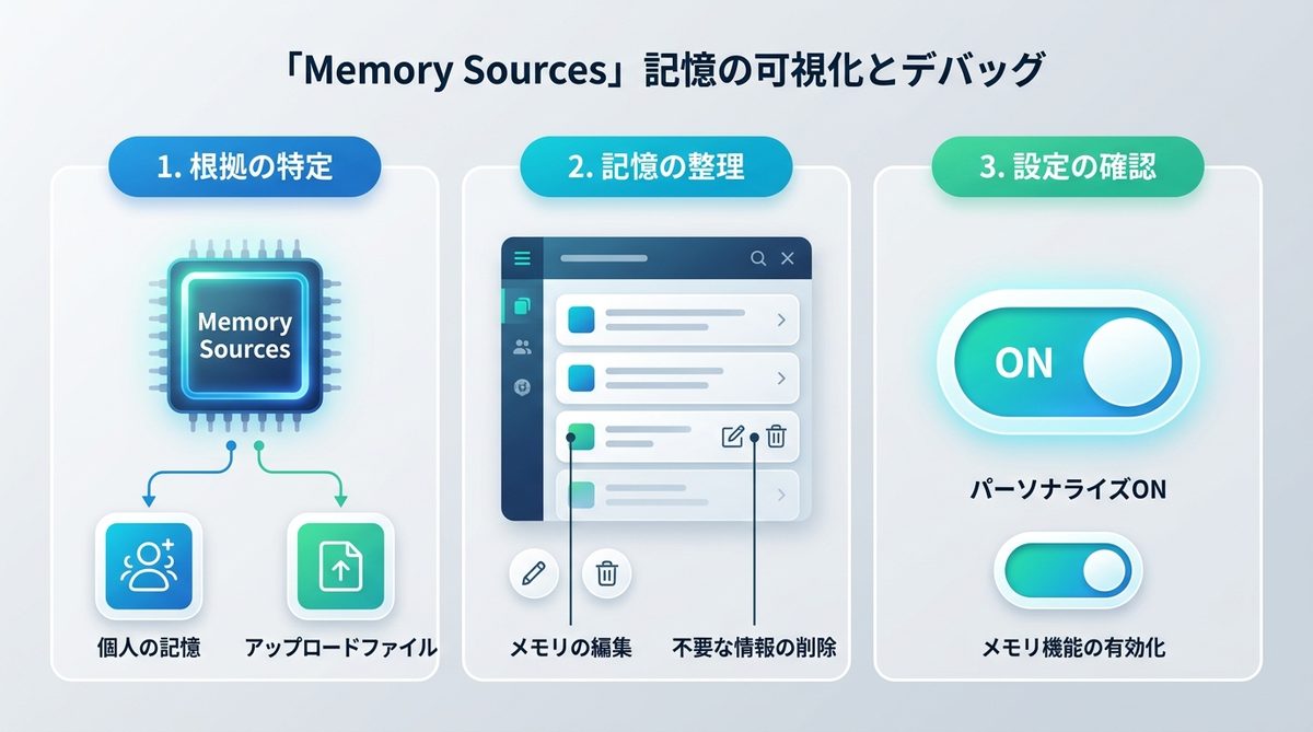 図解：【2026年最新】「Memory Sources」による記憶の可視化とデバッグ手順