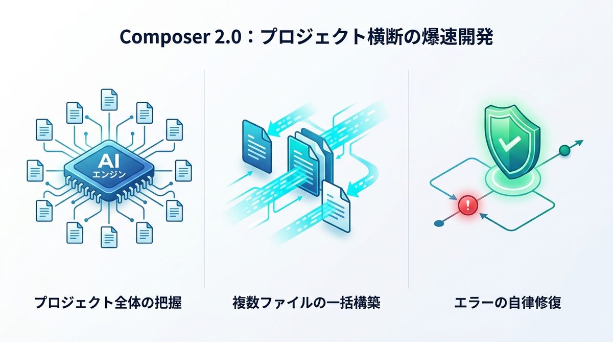 図解：【Cursor 3】Composer 2.0が実現した「プロジェクト横断」の爆速開発