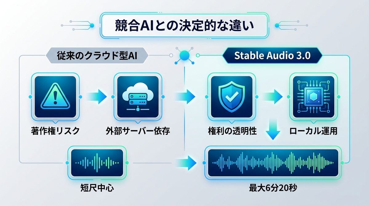 図解：競合AIとの決定的な違い｜著作権リスクゼロと運用の柔軟性