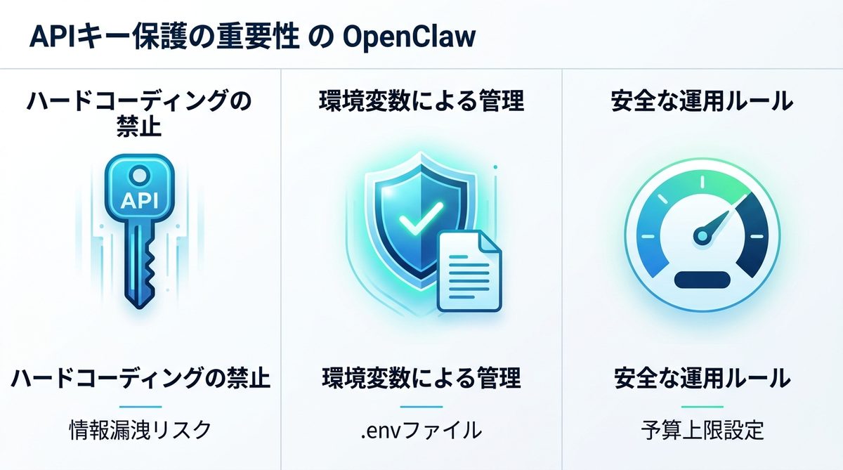 図解:【強化】OpenClaw初期設定で「APIキーの保護」が絶対に必要な理由