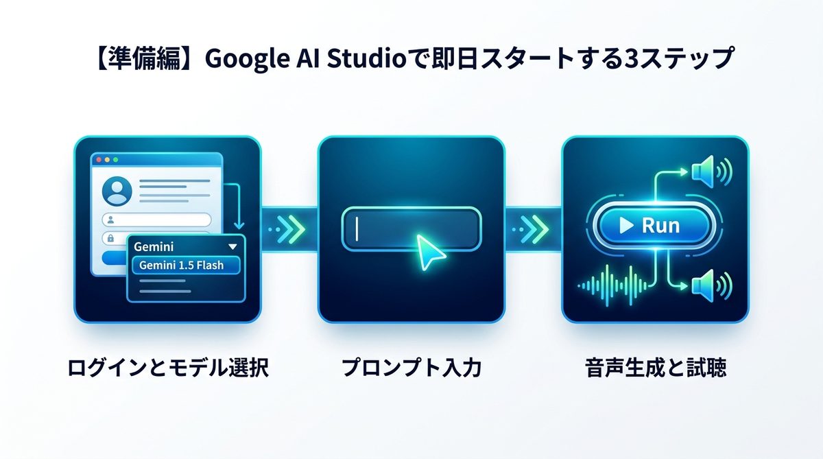 図解：【準備編】Google AI Studioで即日スタートする3ステップ