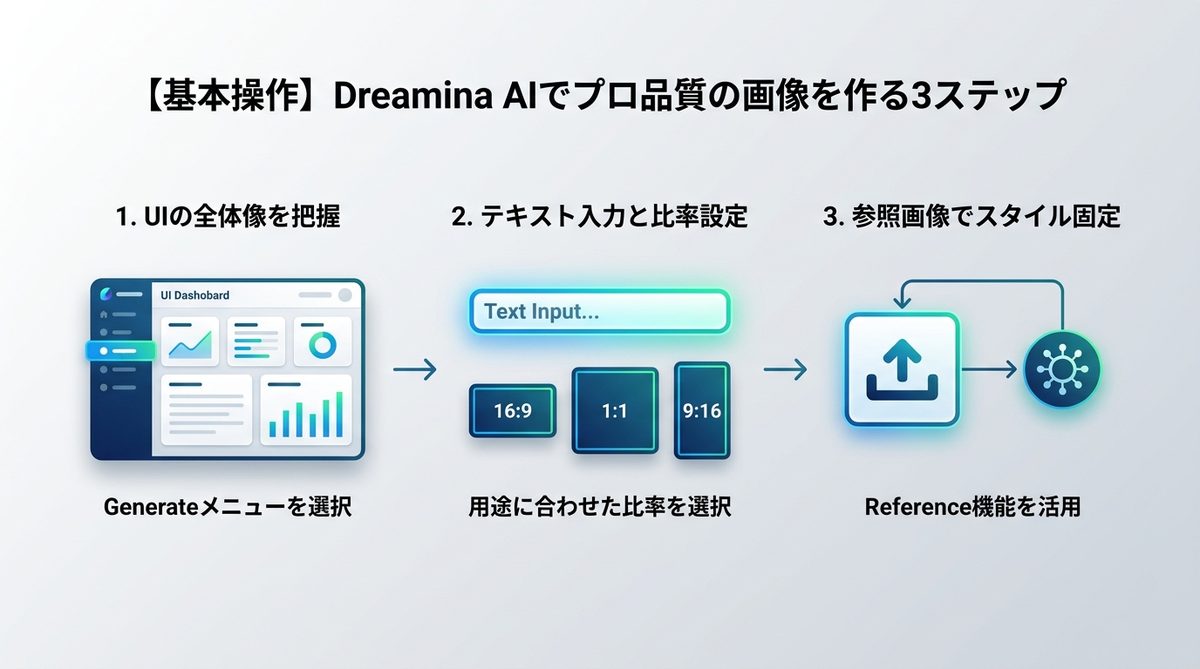 図解:【基本操作】Dreamina AIでプロ品質の画像を作る3ステップ