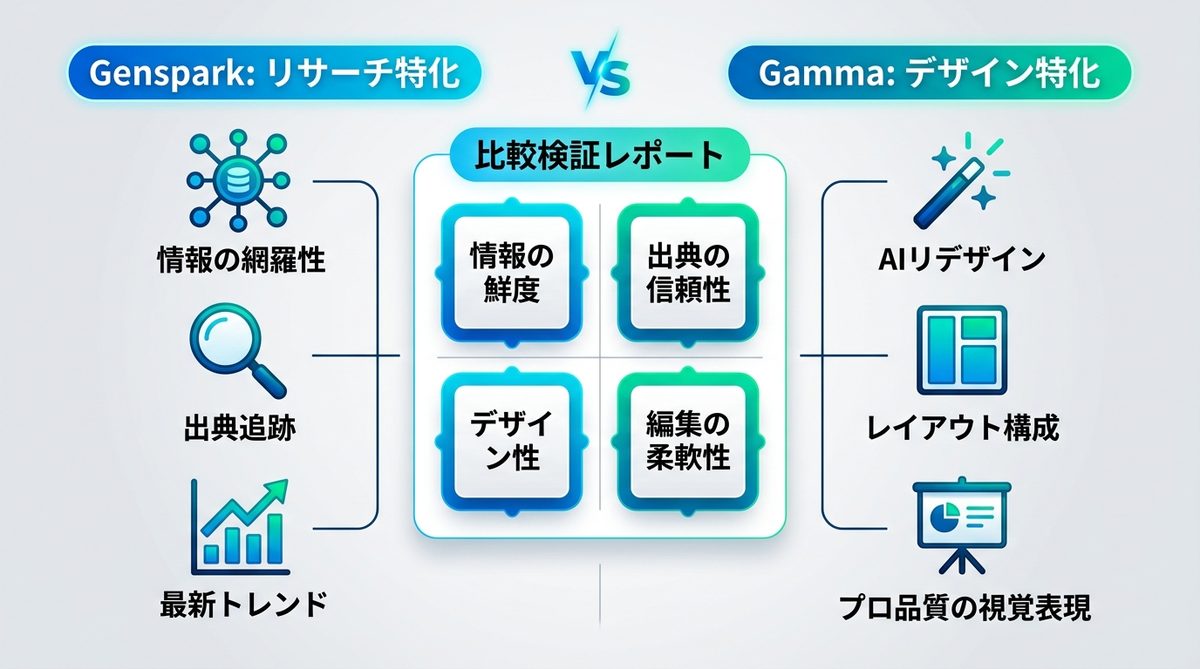 図解：【徹底検証】GensparkとGammaの性能を比較｜同じテーマで生成した結果