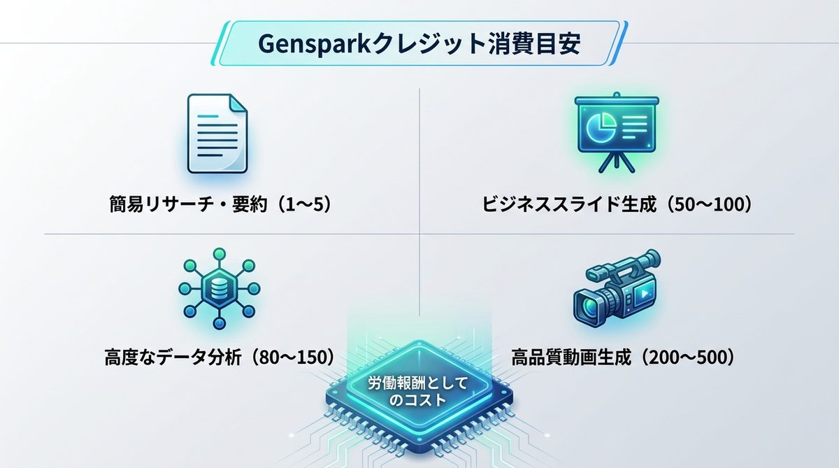 図解：【実測値公開】Gensparkクレジットはいくら消える？タスク別消費目安