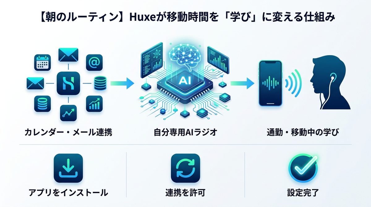 図解：【朝のルーティン】Huxeが移動時間を「学び」に変える仕組み