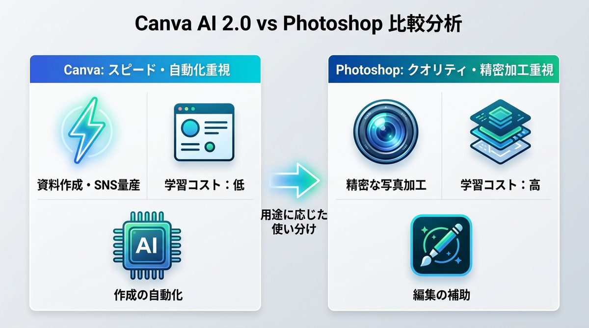 図解：決定的な違いはどこにある？Canva AI 2.0 vs Photoshopの比較分析