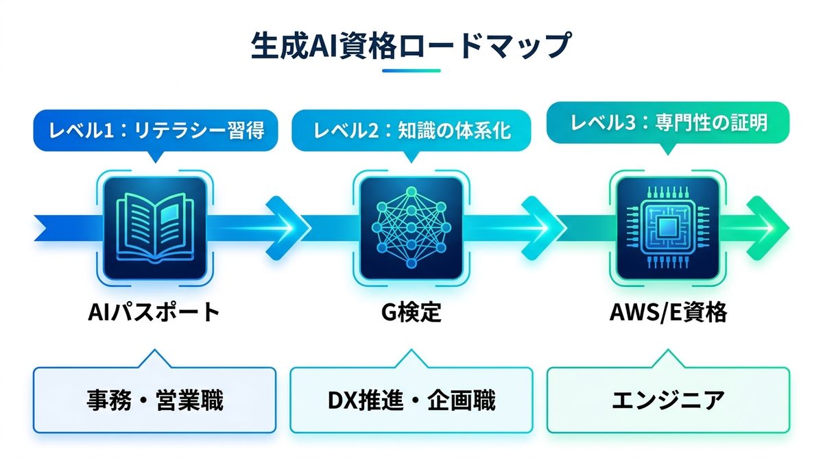 図解：【目的別】あなたに最適な生成AI資格は？診断チャートとロードマップ
