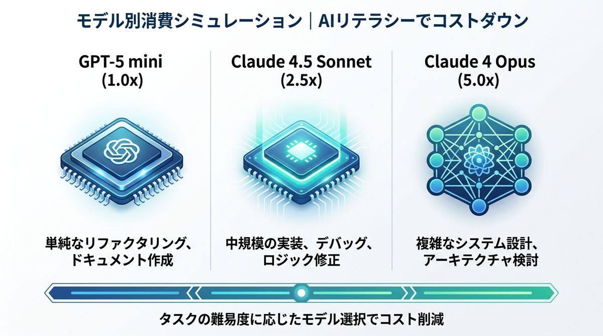 図解：モデル別消費シミュレーション｜AIリテラシーでコストダウン