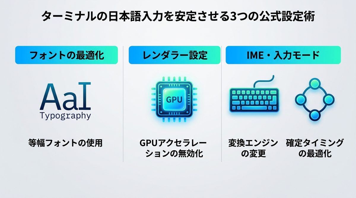 図解:ターミナルの日本語入力を安定させる3つの公式設定術