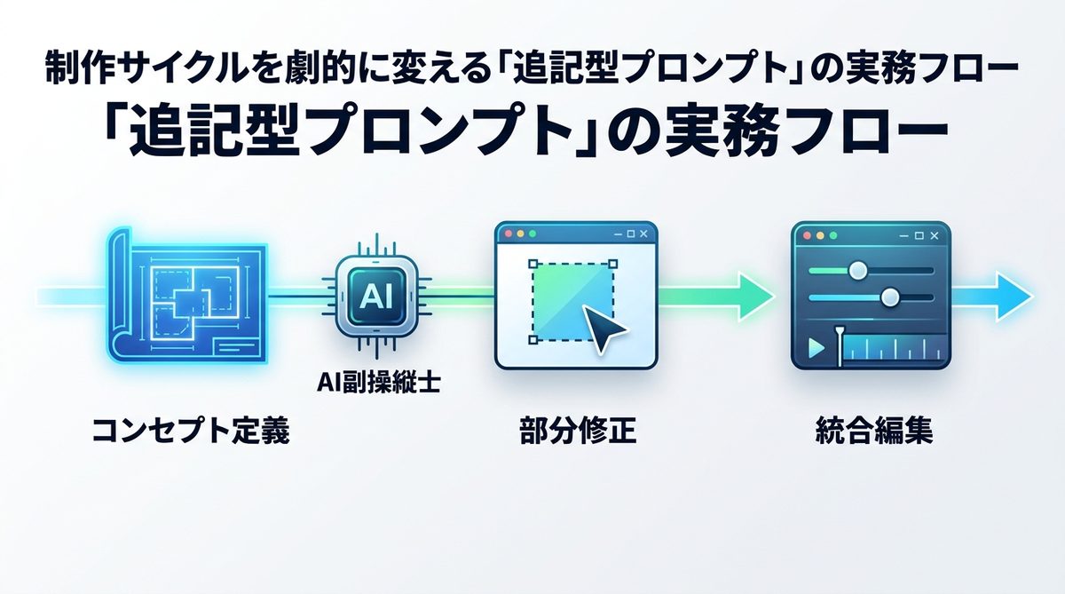 図解：制作サイクルを劇的に変える「追記型プロンプト」の実務フロー