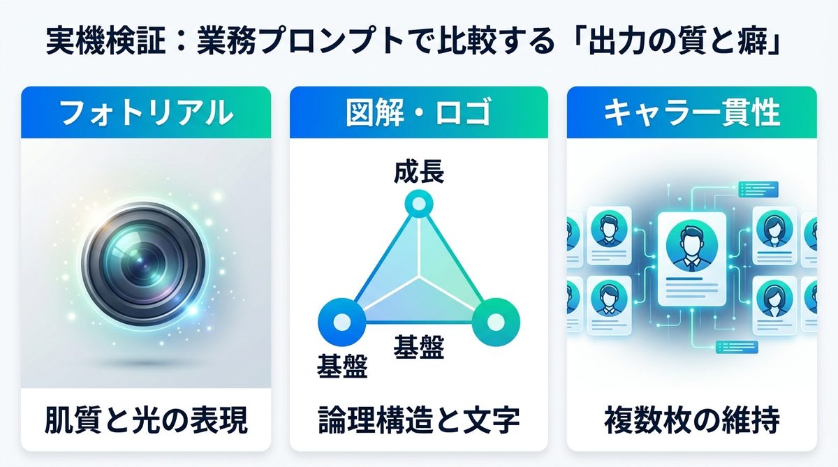 図解：実機検証：業務プロンプトで比較する「出力の質と癖」