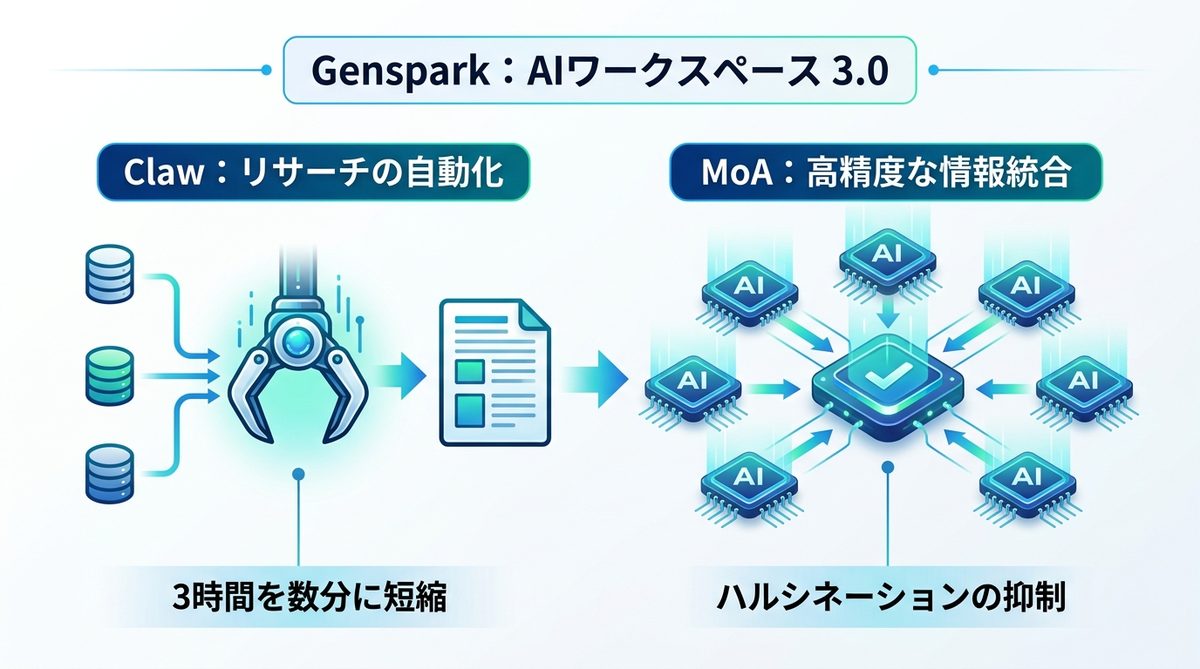 図解：Gensparkの真価：検索を超えた「AIワークスペース 3.0」の力