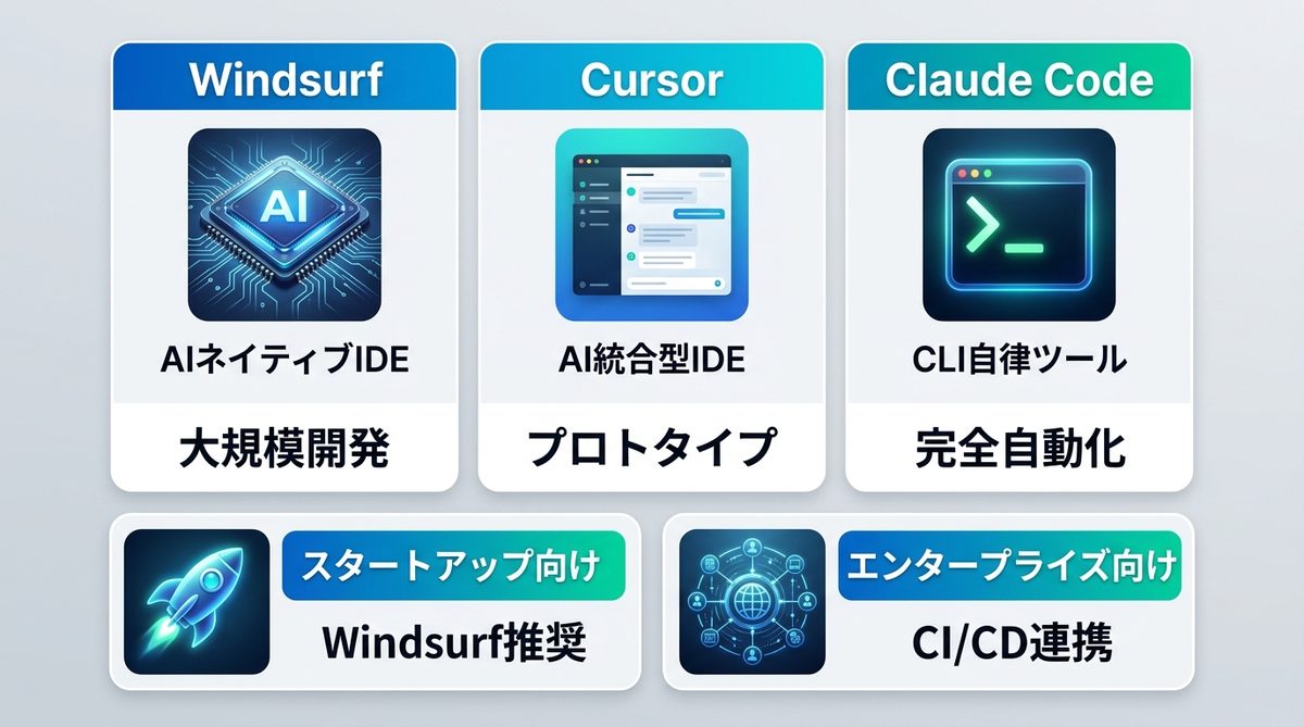 図解：Windsurf vs Cursor vs Claude Code｜目的別の判断基準
