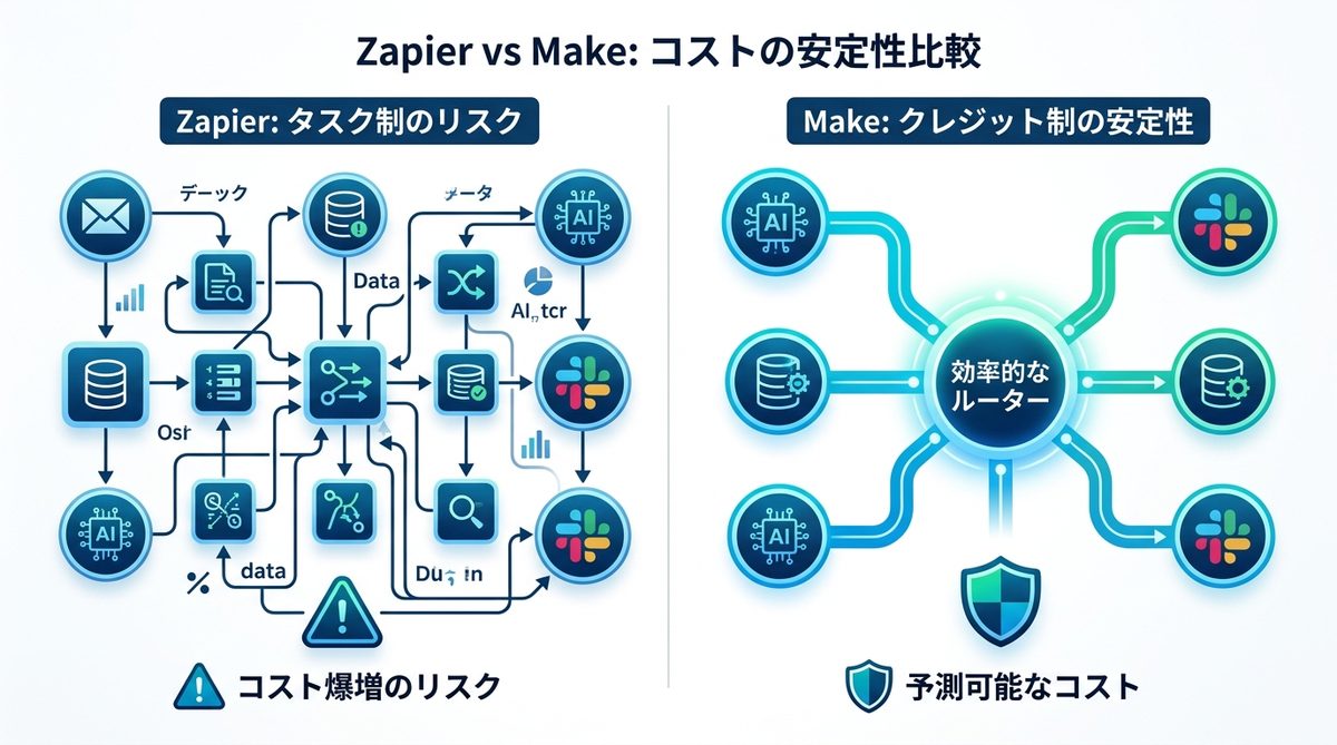 図解：Zapierと徹底比較！Makeが選ばれる理由とコストの安定性
