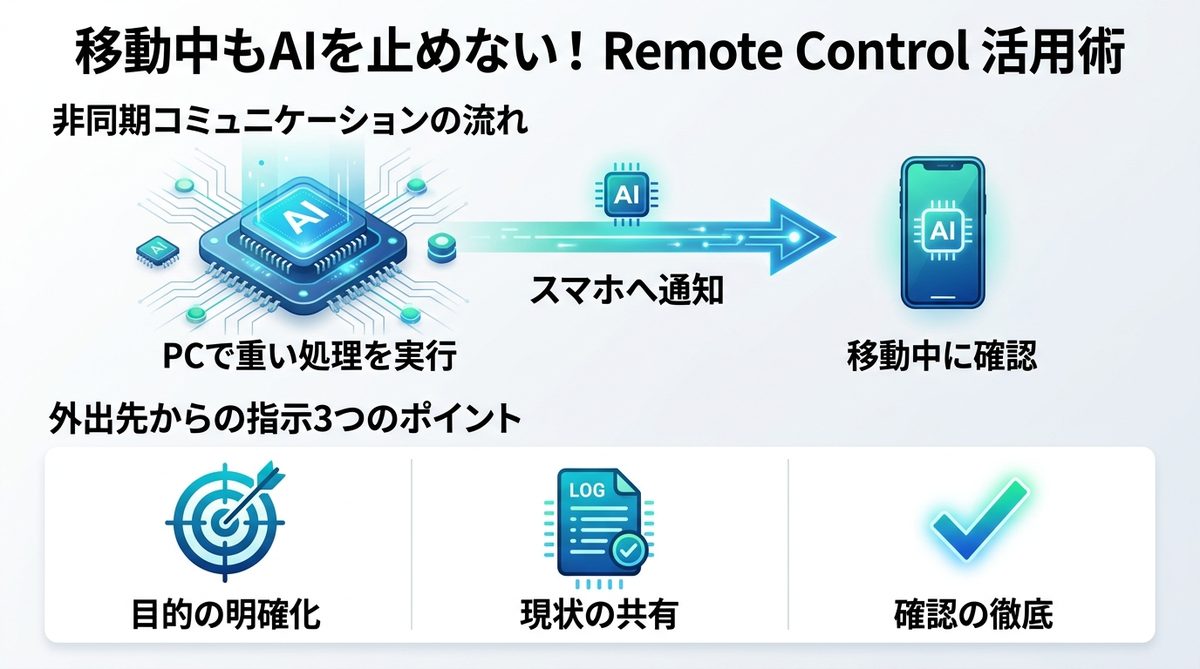 図解：移動中もAIを止めない！「Remote Control」の賢い使いこなし術